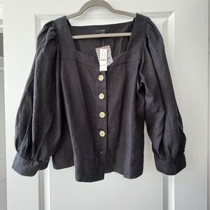 J.Crew Linen Button-Front Puff Sleeve Top – Black